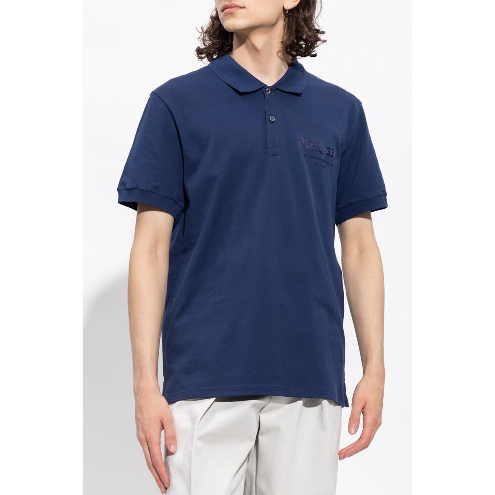 Alexander McQueen Dark Blue Embroidered Graffiti Mesh Logo Polo Shirt Size Large